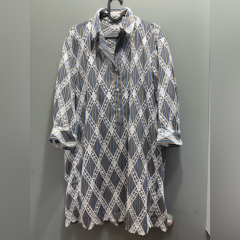 Sandro Blue, White & Tan Geometric Stripe Button-Down Shirt